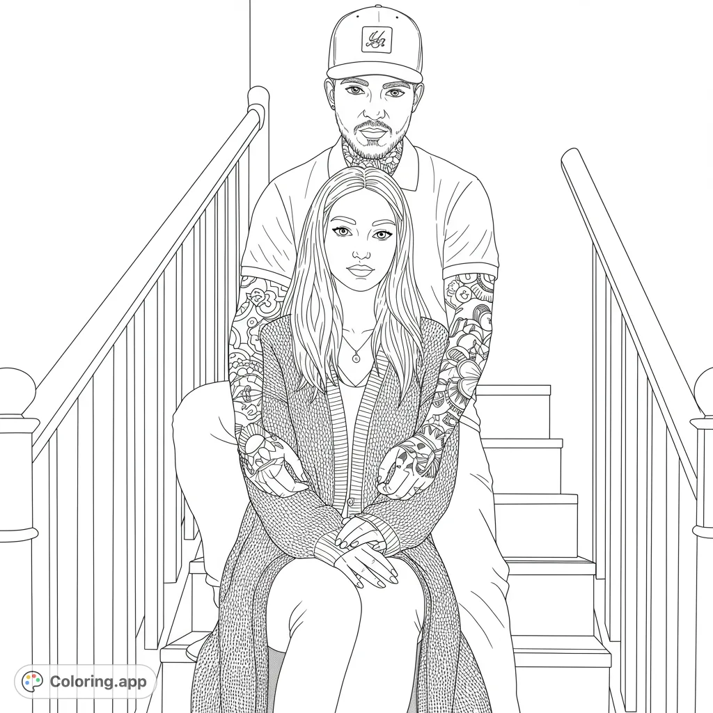 A detailed couple portrait on a staircase, featuring intricate tattoos and textured clothing, perfect for personalized coloring.
