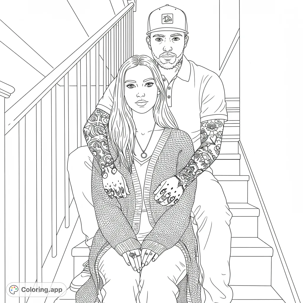 Capture love with this couple's staircase portrait. A free printable couple coloring page featuring intricate details and a cozy embrace.