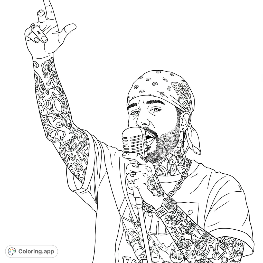 Dynamic black and white line art of a tattooed performer with a bandana and vintage microphone, arm raised. Perfect for music lovers and tattoo enthusiasts.