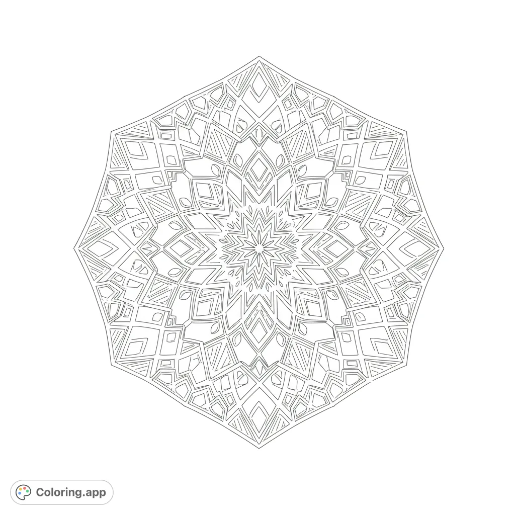 An intricate geometric mandala coloring page featuring a complex star-like center and radiating patterns, perfect for mindful coloring and stress relief.