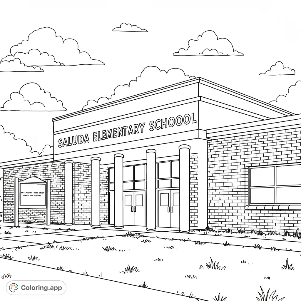 A detailed school building with brick walls, grand entrance, and a message board, set against a cloudy sky. Perfect for a free printable school coloring page.