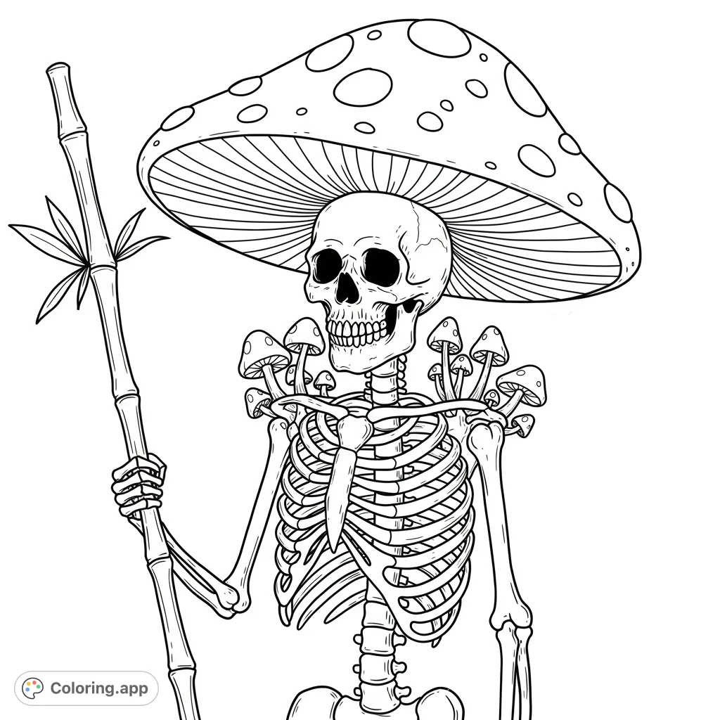 A unique skeleton adorned with a mushroom hat and small fungi, holding a bamboo staff. A whimsical, free printable skeleton coloring page for all ages.