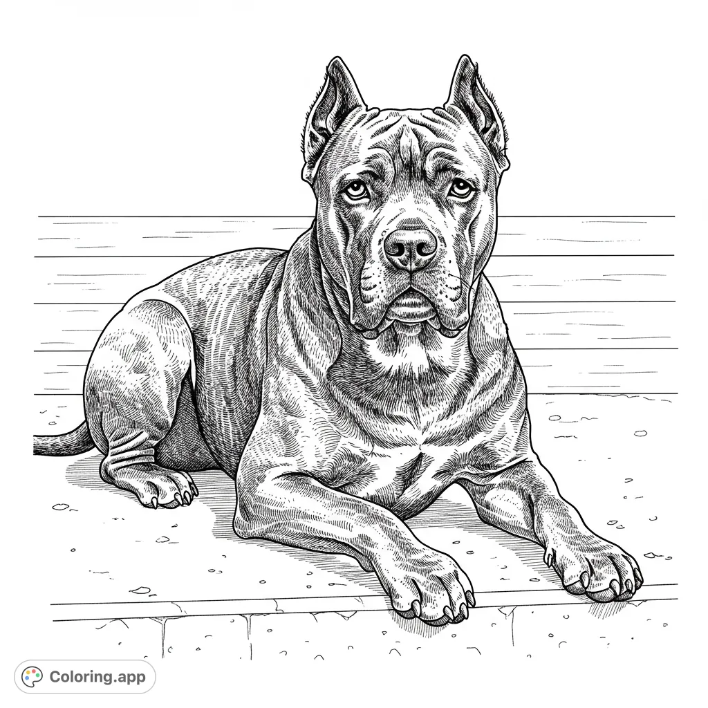 A majestic Cane Corso dog lies calmly, its powerful form detailed with intricate lines, perfect for a relaxing and engaging coloring experience.