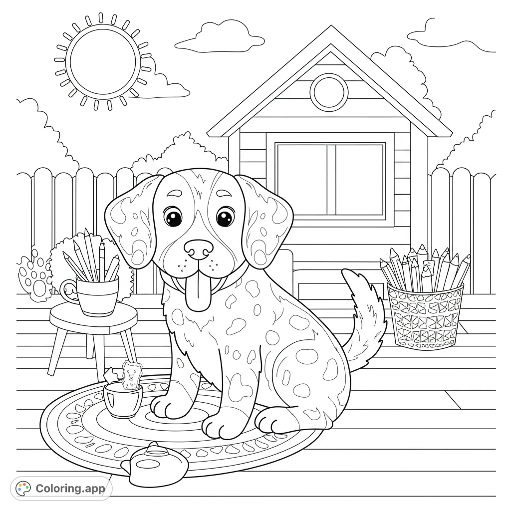 A happy spotted puppy sits on a rug in a charming backyard with a doghouse and art supplies. A delightful free printable puppy coloring page for kids and adults.