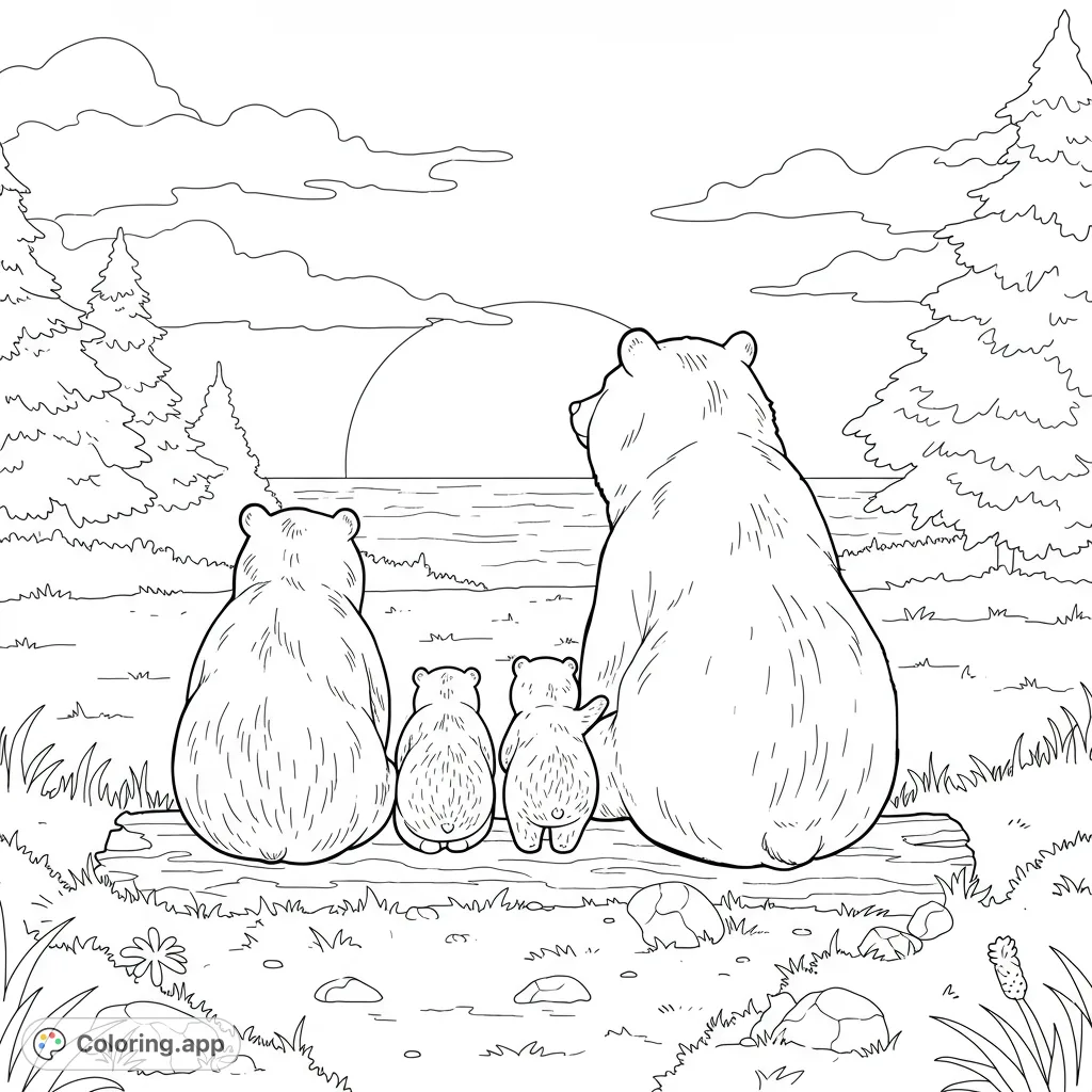 Bear Family Sunset Coloring Page