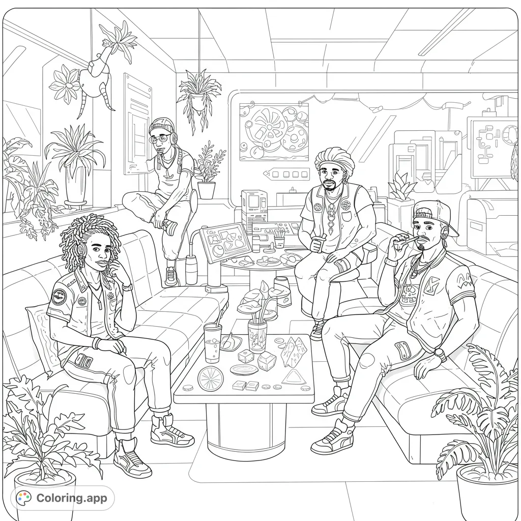 Four friends relax in a sleek, plant-filled futuristic lounge, surrounded by advanced tech. A detailed sci-fi scene for creative coloring.