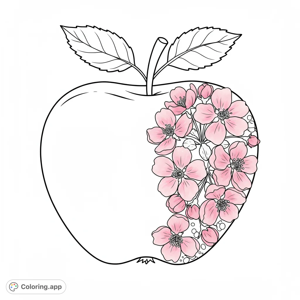 A beautiful apple adorned with intricate cherry blossoms on one side, perfect for a nature-themed coloring page. Free printable for all ages!