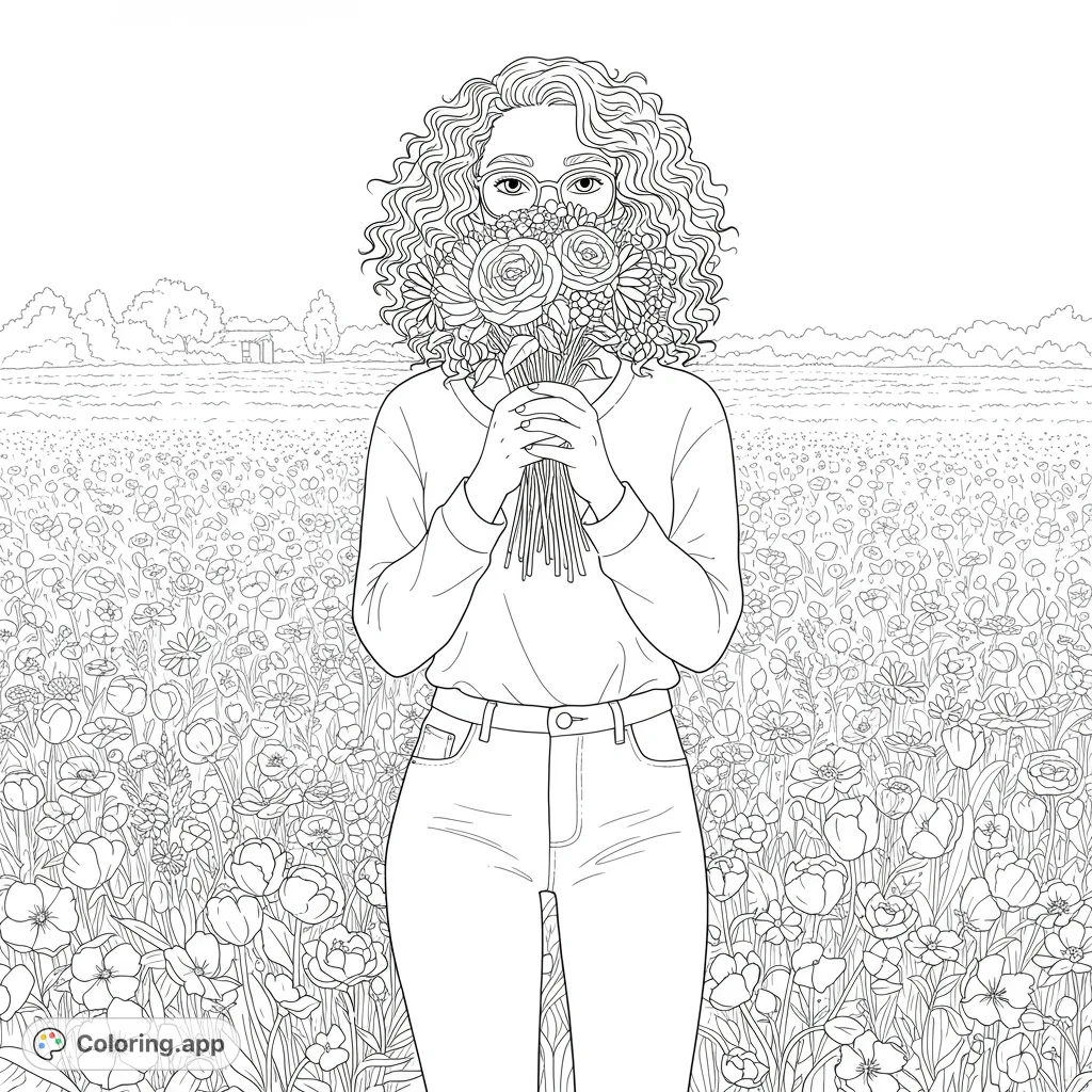 A charming wildflower meadow coloring page featuring a person with curly hair holding a beautiful bouquet, surrounded by a vibrant field of blooms. Free printable for all ages.