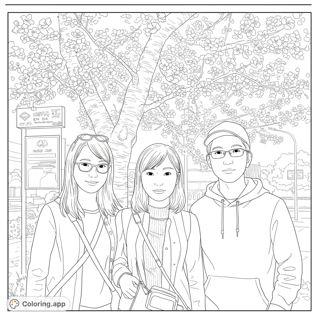 A delightful cherry blossom family portrait coloring page featuring three friends under a blooming tree. Perfect for spring and nature lovers.