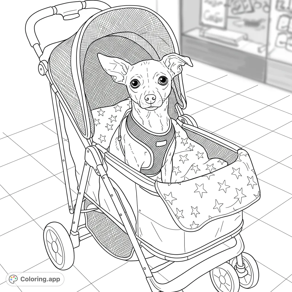 A charming dog in stroller coloring page, featuring an adorable small dog ready for an adventure. Perfect for pet lovers and all ages!