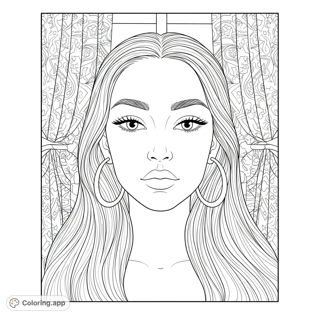 An elegant woman's portrait with flowing hair and hoop earrings, set against intricately patterned curtains. A beautiful free printable coloring page for all ages.
