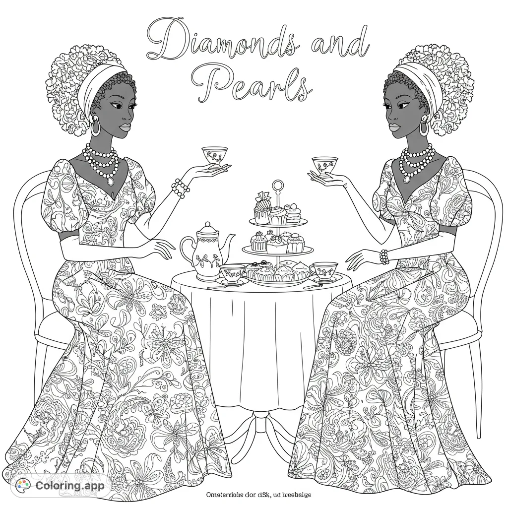 An elegant tea party scene featuring two regal women in intricately patterned dresses, enjoying tea and pastries. Perfect for sophisticated coloring.