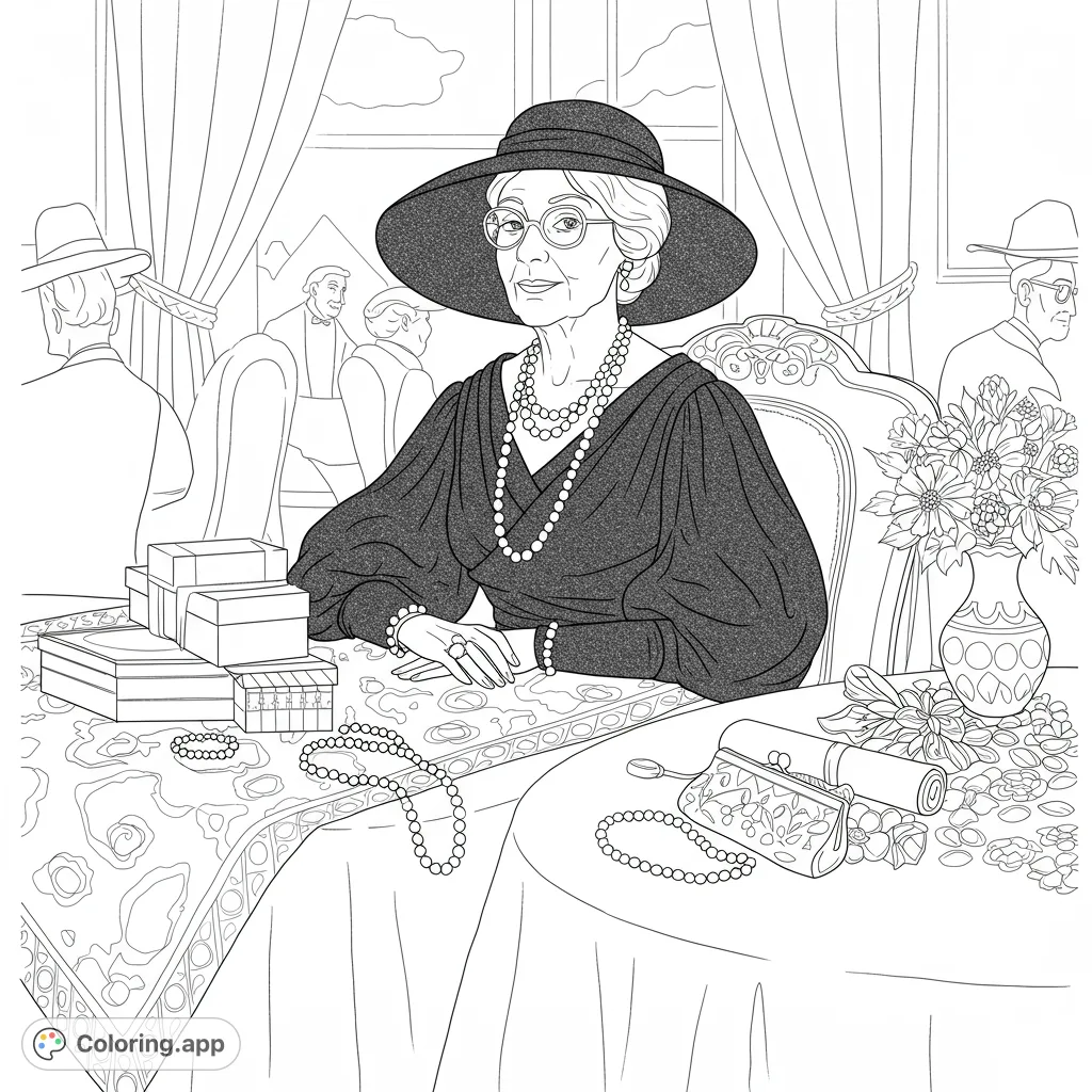 An elegant older woman in a wide-brimmed hat and pearls, seated at a lavish table with gifts and flowers, in a sophisticated setting.