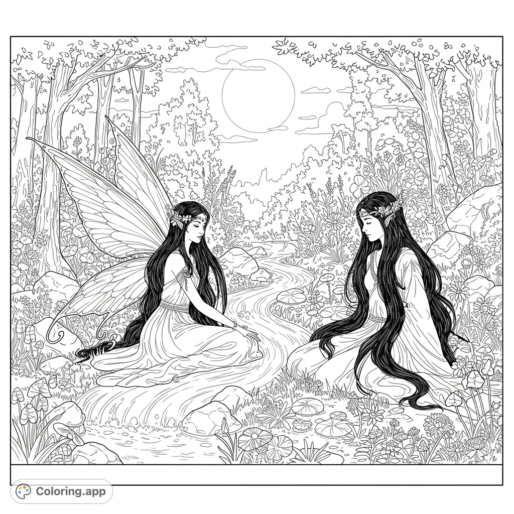 Two elegant fairies by a moonlit stream in an enchanted forest, surrounded by intricate flowers and foliage. A magical fantasy coloring page.
