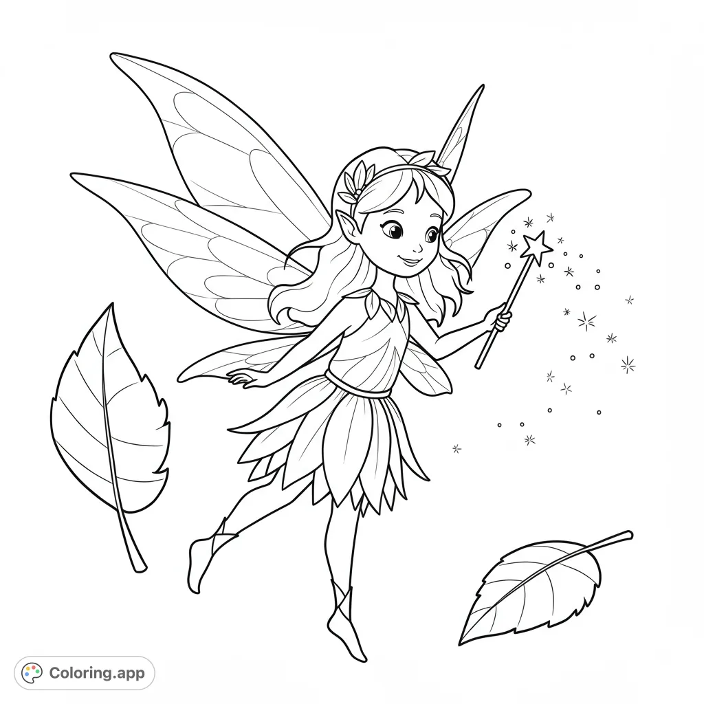 A delightful fairy with flowing hair and leafy dress, casting magic with her star wand amidst floating leaves. Perfect for enchanting coloring fun!