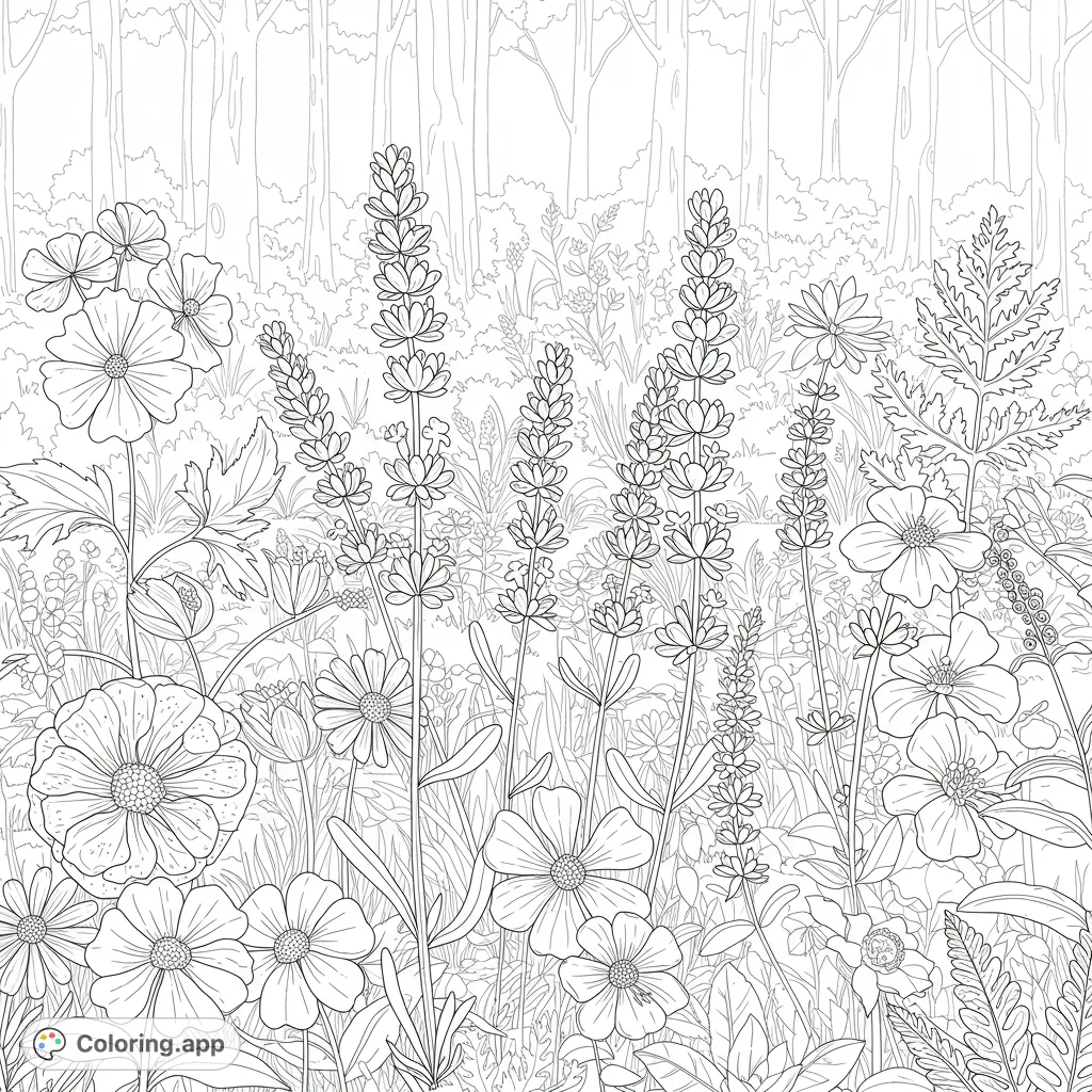 Immerse yourself in a vibrant wildflower meadow, featuring detailed blossoms, tall lavender, and lush foliage, perfect for a relaxing nature coloring experience.