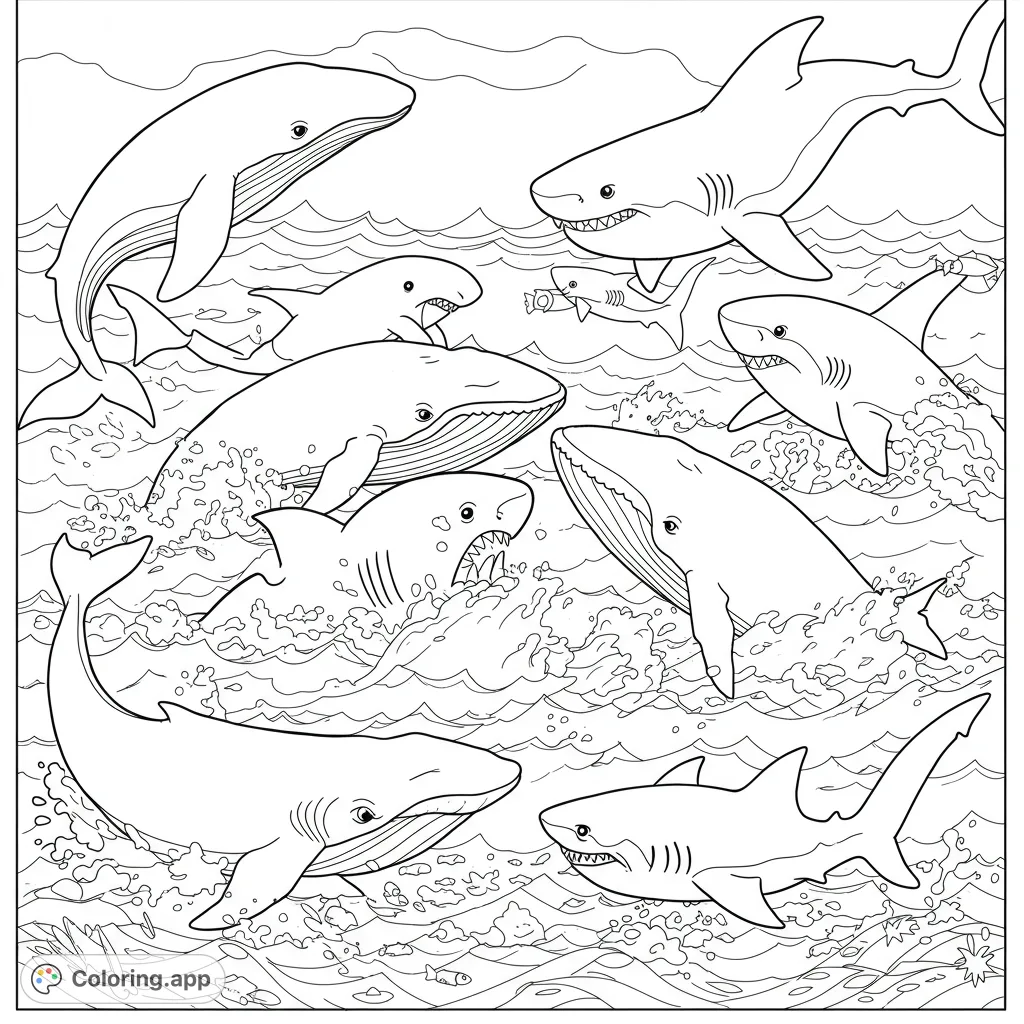 Dive into a dynamic ocean scene featuring majestic whales and powerful sharks amidst splashing waves. A free printable marine life coloring page for all ages.