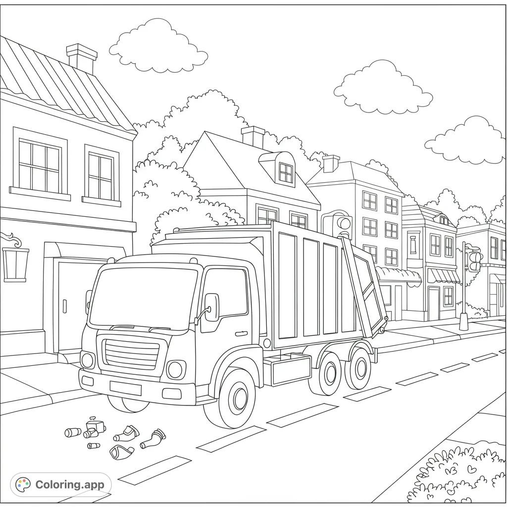 A detailed garbage truck on a city street, ready for collection. Features buildings, trees, and scattered litter, perfect for a city life coloring page.