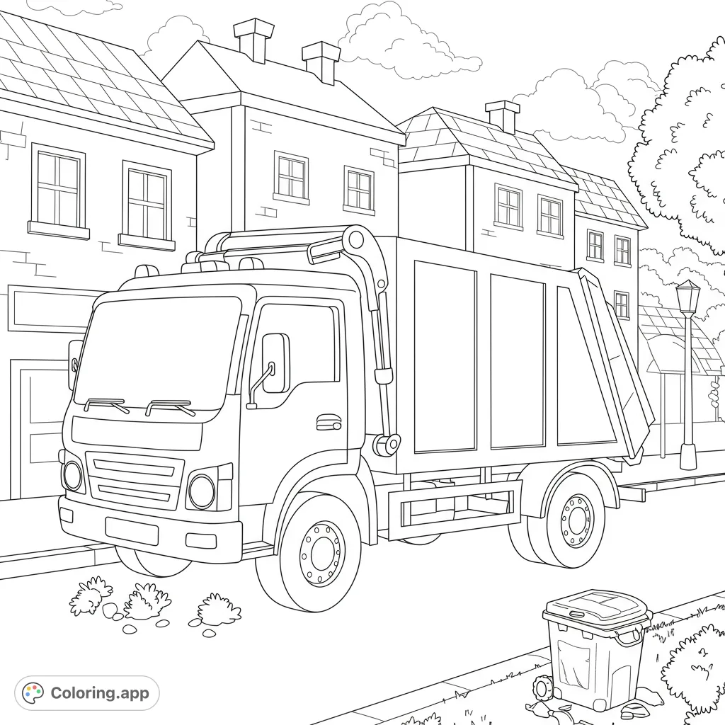 A detailed garbage truck on a city street with houses and a trash bin. Perfect for kids who love vehicles and community helpers.