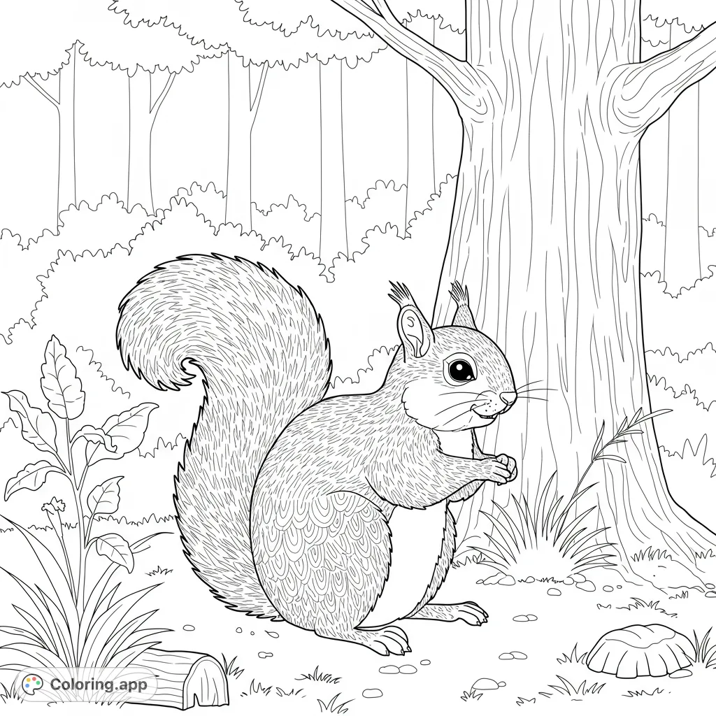 A delightful forest squirrel coloring page, perfect for nature lovers. Features a detailed squirrel on the forest floor with trees and foliage.