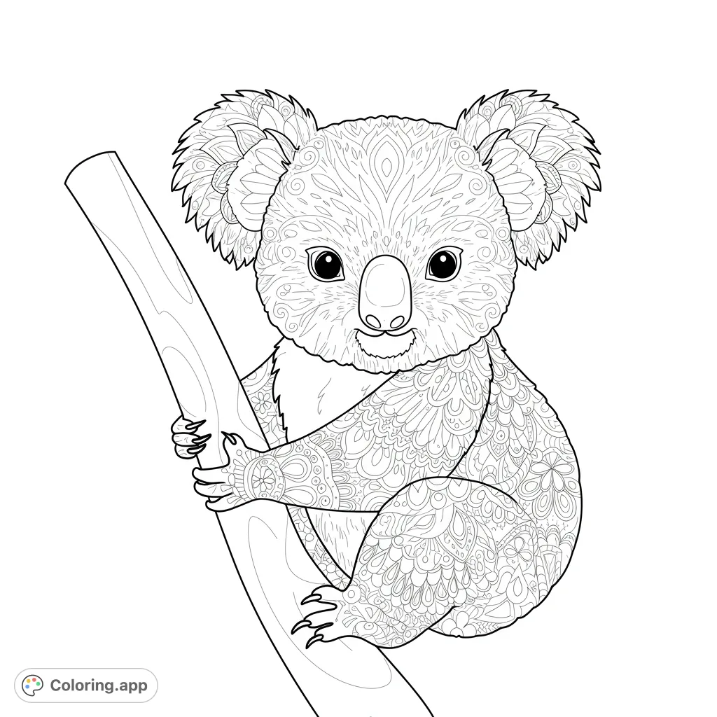 A charming koala with intricate zentangle-like patterns clings to a tree branch, offering a detailed and engaging coloring experience.