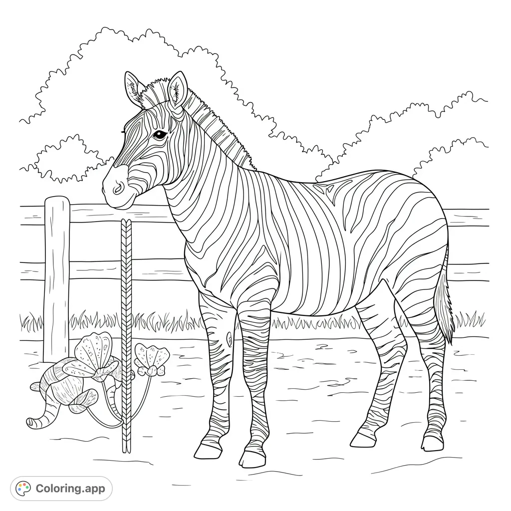 A majestic zebra stands by a rustic fence, featuring intricate stripes, unique flora, and distant bushes. A free printable zebra coloring page for all ages.