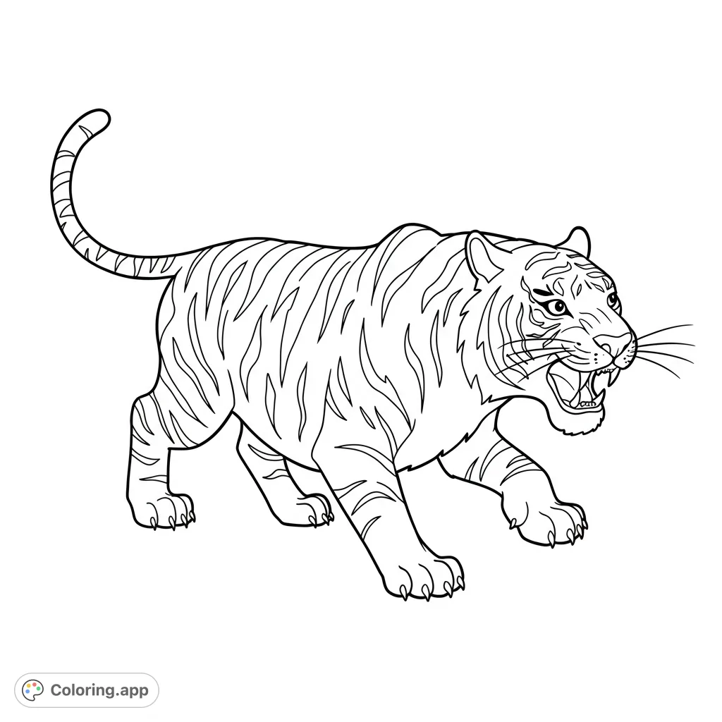 A powerful tiger coloring page, featuring a majestic big cat with intricate stripes and a fierce expression, perfect for all ages.