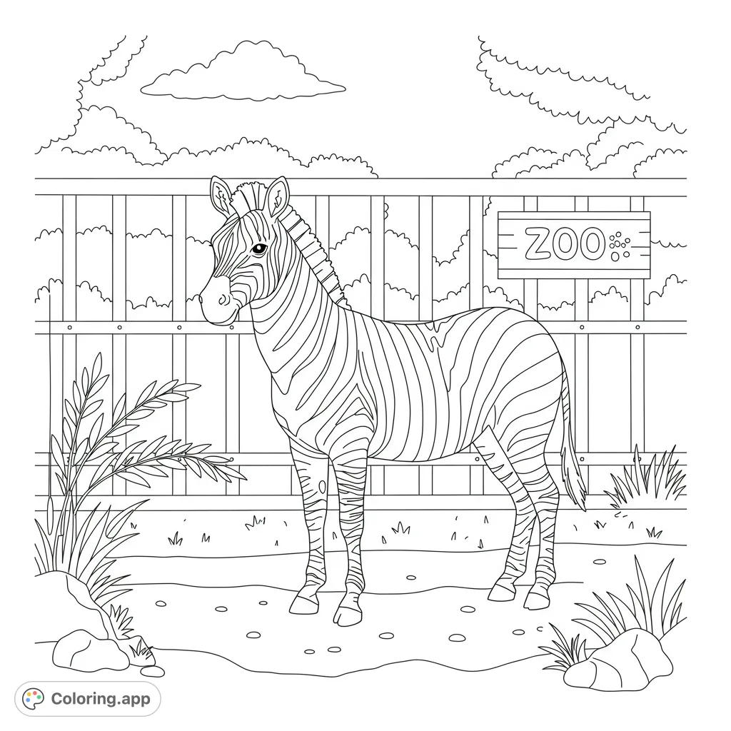 A majestic zebra stands in its zoo enclosure, featuring intricate stripes and natural surroundings, perfect for a free printable coloring page.