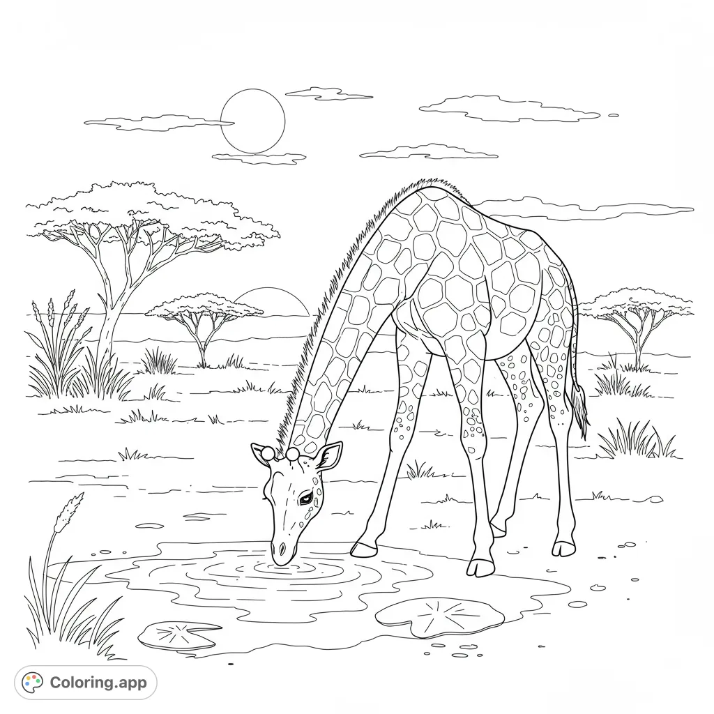A serene savanna scene featuring a graceful giraffe drinking from a waterhole. Perfect for a relaxing safari coloring page adventure.
