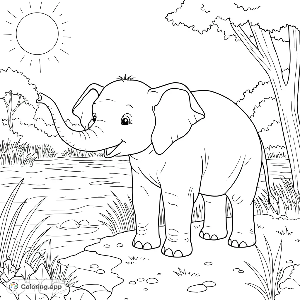 A delightful baby elephant smiles by a river, surrounded by nature. A free printable elephant coloring page for kids and adults.