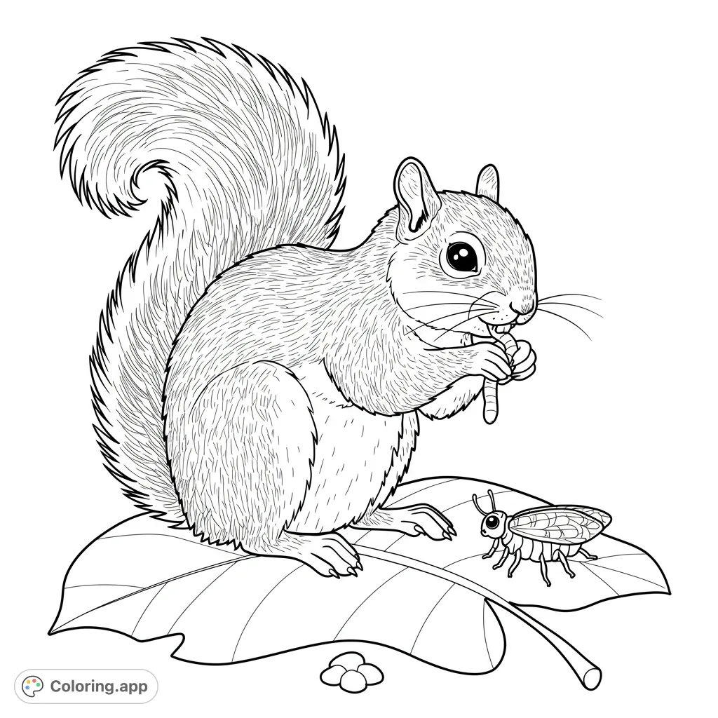 A charming squirrel on a leaf, holding a nut, with a small insect nearby. A delightful nature-themed free printable coloring page for all ages.