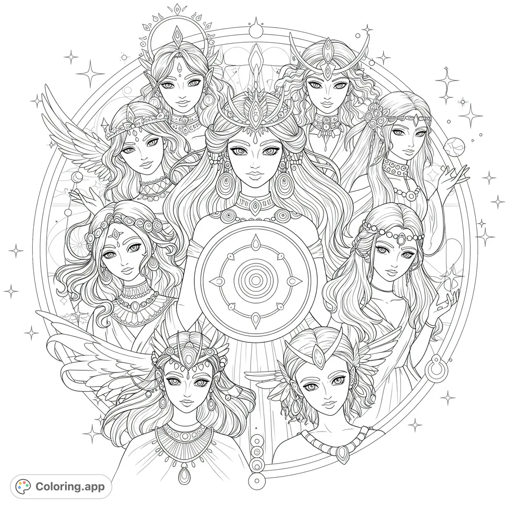 An intricate goddess coloring page featuring a central divine figure surrounded by celestial maidens within a detailed mandala, perfect for adults.