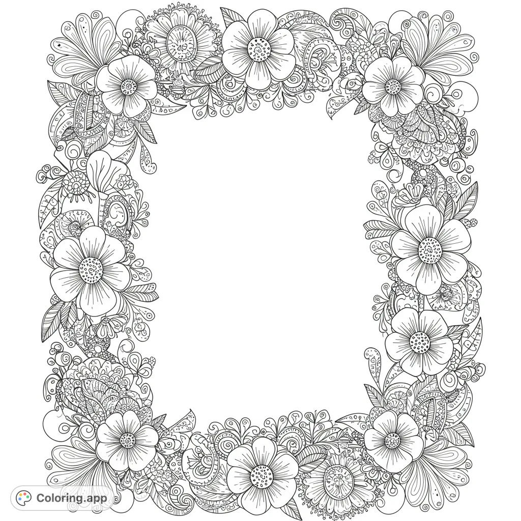 An intricate floral doodle frame coloring page, perfect for adults and teens. Features detailed flowers, leaves, and swirling patterns forming a beautiful border for creative expression.