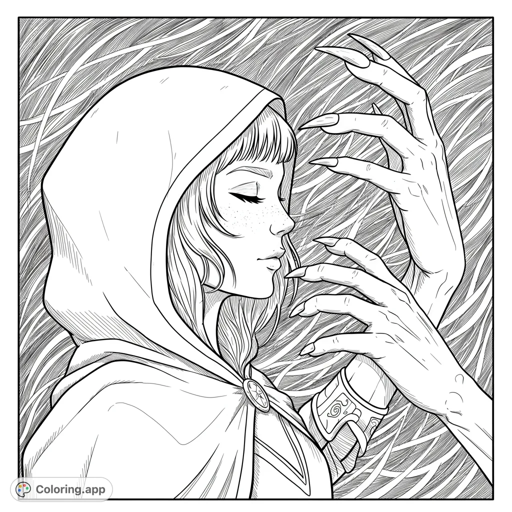 A mystical hooded figure meets gnarled, clawed hands in a captivating fantasy coloring page. Free printable for adults and kids, perfect for imaginative coloring.