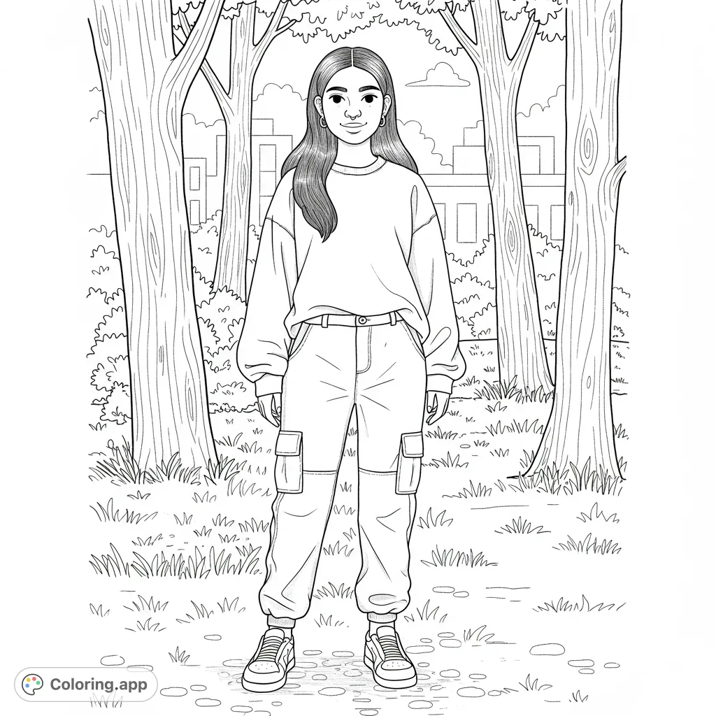 Stylish young woman in casual wear stands in an urban park with trees and city buildings, a free printable coloring page for modern art lovers.