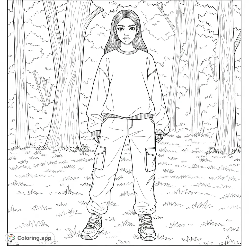 A trendy young woman in a sweatshirt and cargo pants stands in a serene forest. Perfect for fashion and nature lovers to personalize with vibrant colors.