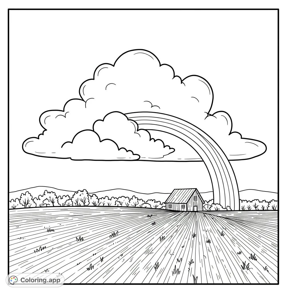 A charming farm scene with a rustic barn, vast field, and a vibrant rainbow arching from fluffy clouds. A peaceful, free printable coloring page.