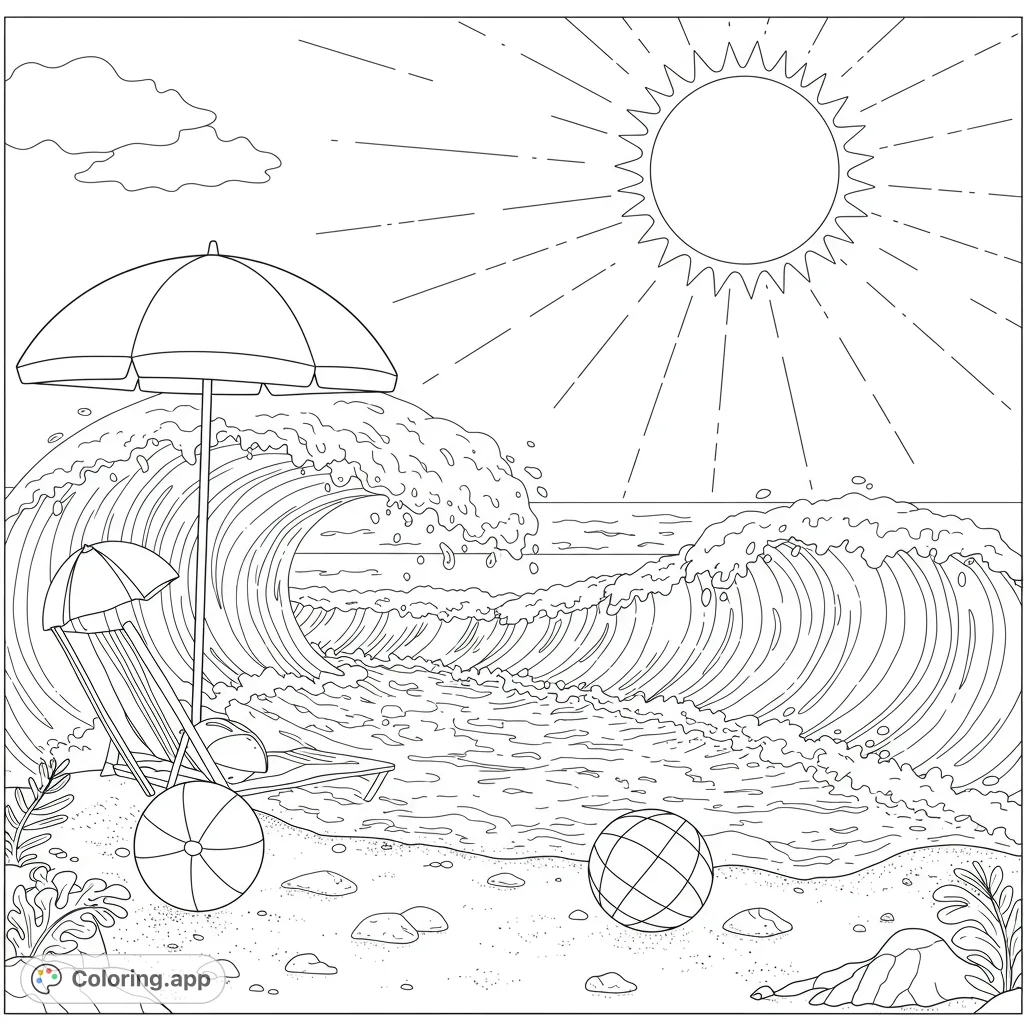 Dive into a vibrant beach scene with crashing waves, a sunny sky, and relaxing beach gear. A perfect free printable summer coloring page for all ages!