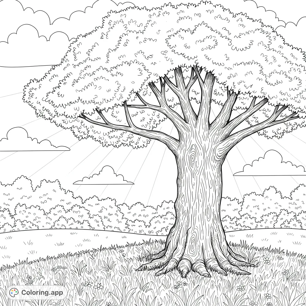 A beautiful nature coloring page featuring a grand oak tree, grassy field, and sunny sky. Perfect for all ages to enjoy a peaceful coloring experience.