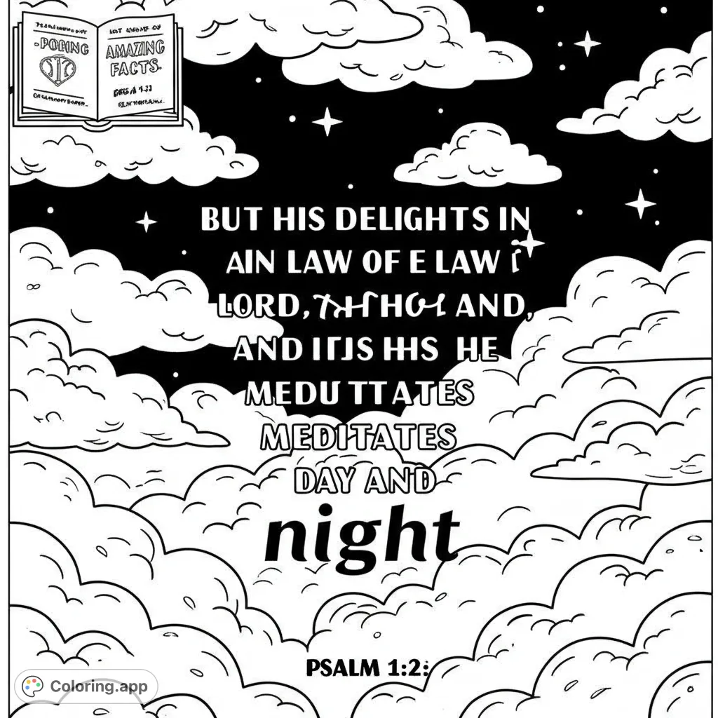 A peaceful night sky with fluffy clouds and stars, featuring an open book and a central text block for a meditative coloring experience. Perfect for spiritual reflection.