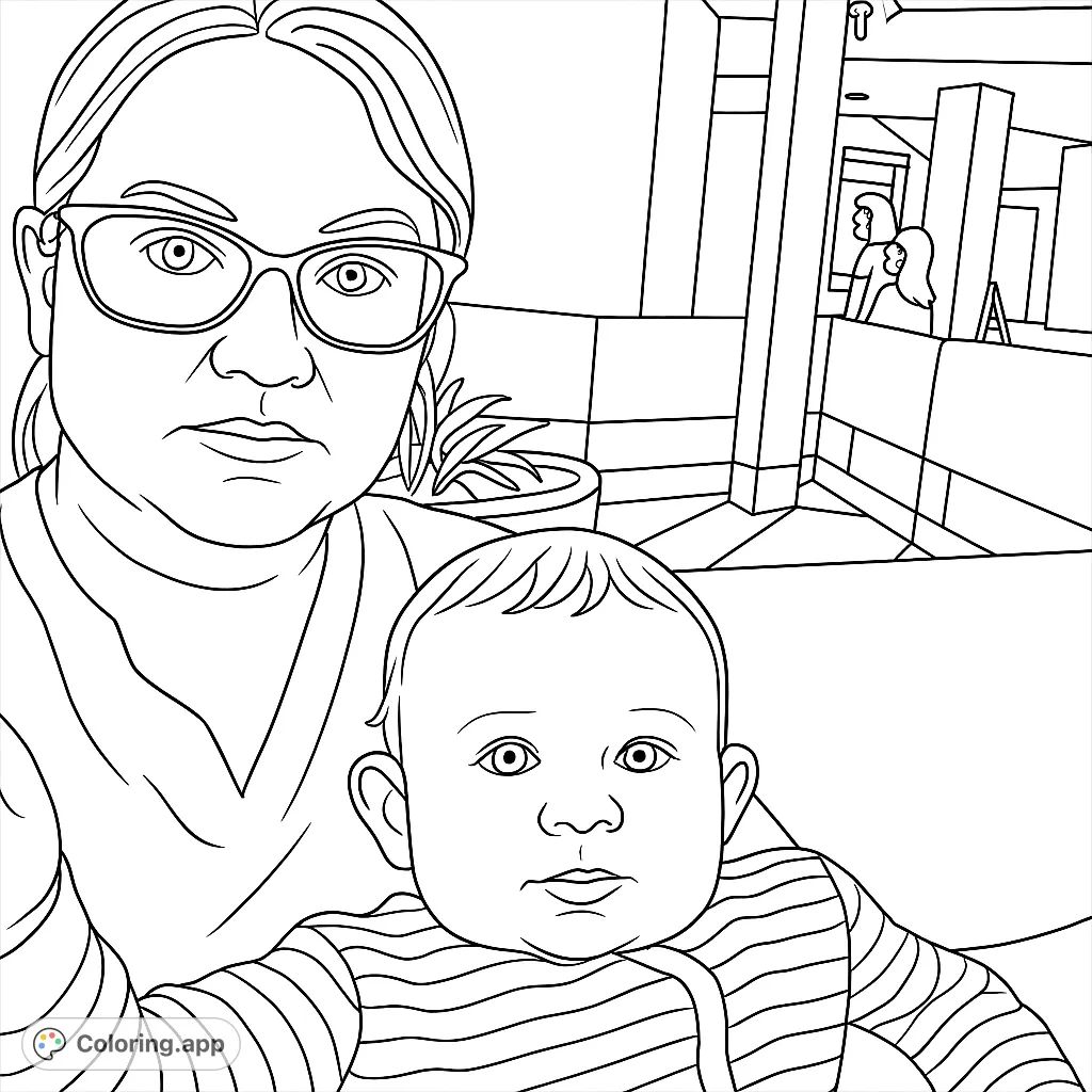 A heartwarming mother and baby portrait, perfect for a family coloring page. Features a woman in glasses holding a sweet baby in a striped outfit, set in an indoor scene.