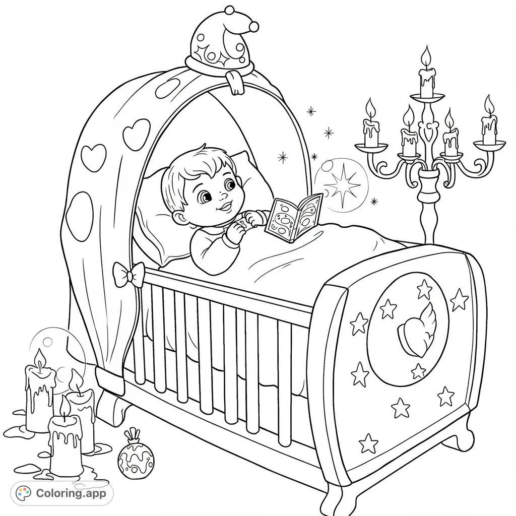 A sweet baby in a cozy crib reads a magical bedtime story, surrounded by twinkling stars and warm candlelight. A free printable coloring page for kids.