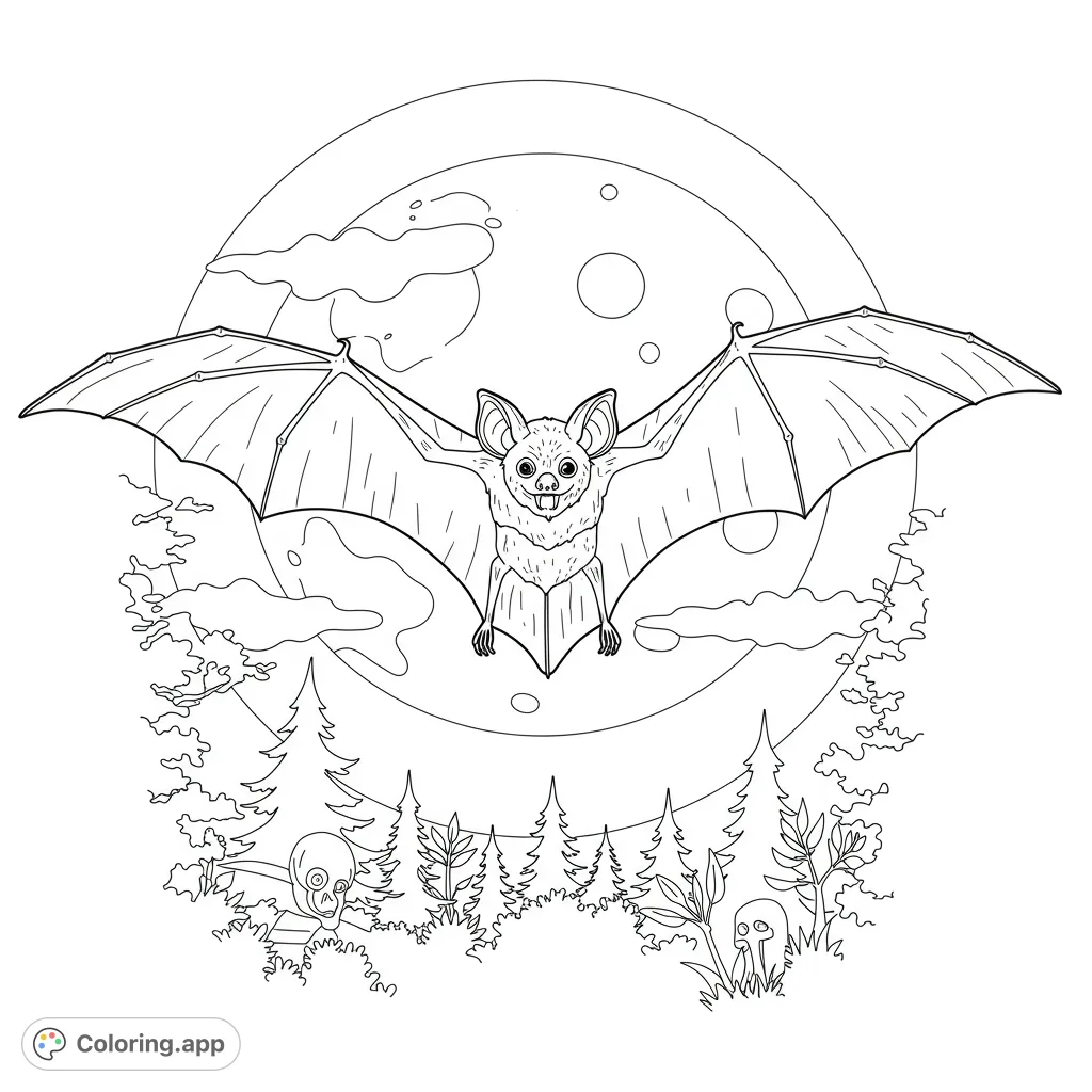 A friendly bat soars against a full moon, framed by a spooky forest with hidden skulls. A captivating Halloween or nature-themed coloring page for all ages.