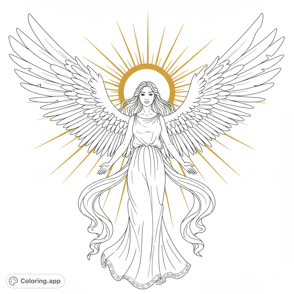 Discover a majestic angel with grand wings and a radiant halo, offering a serene and inspiring coloring experience. A free printable angel coloring page.