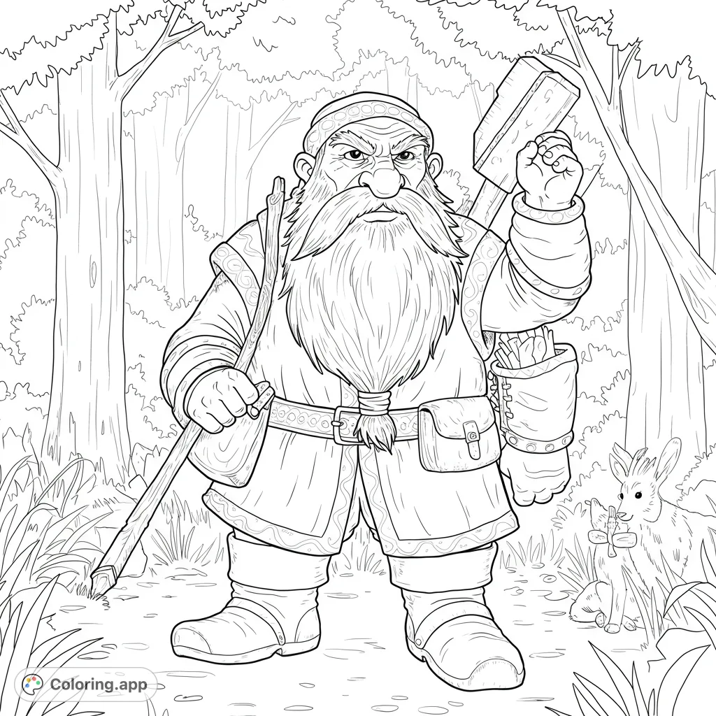 A brave dwarf adventurer stands ready in a detailed forest, holding a staff and hammer, with a small rabbit nearby. Perfect for fantasy fans!