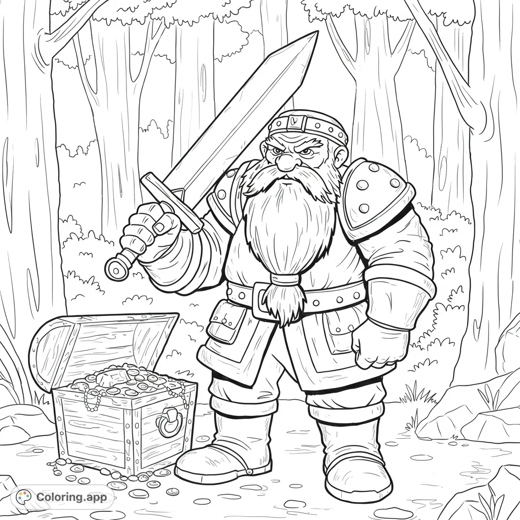 A brave dwarf warrior guards a treasure chest overflowing with gold in a mystical forest. Perfect for fantasy adventure coloring!