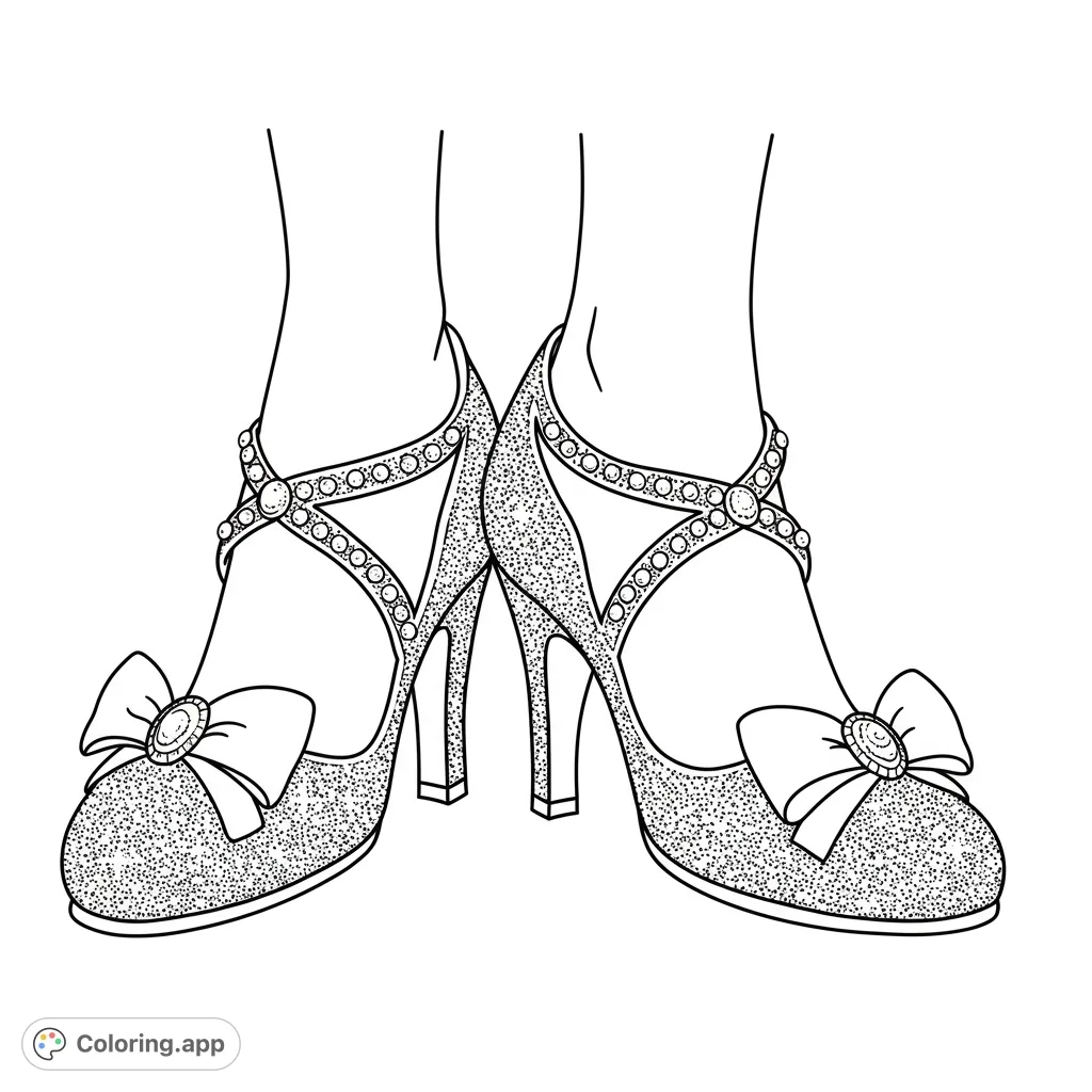 Step into glamour with this elegant high heels coloring page! Features sparkling shoes with jeweled straps and bows, perfect for fashionistas.