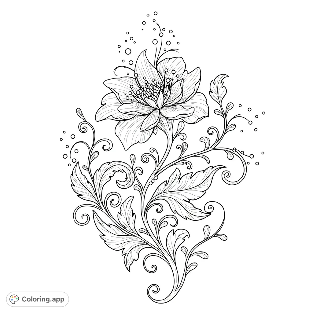 An exquisite ornate floral design featuring a detailed bloom surrounded by elegant swirling vines and leaves. Perfect for intricate coloring and relaxation.