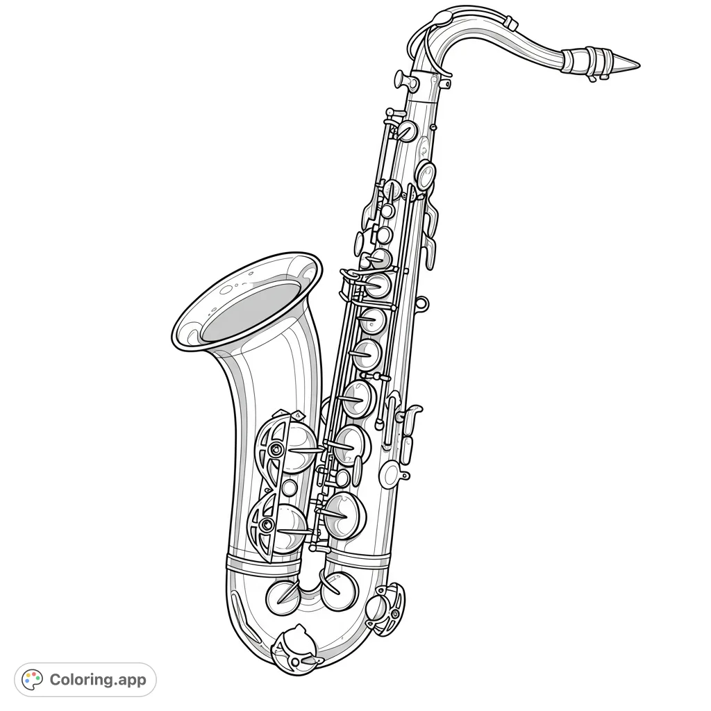 A detailed saxophone line drawing, perfect for music lovers. Features intricate keys and a classic design, ready for your creative colors.