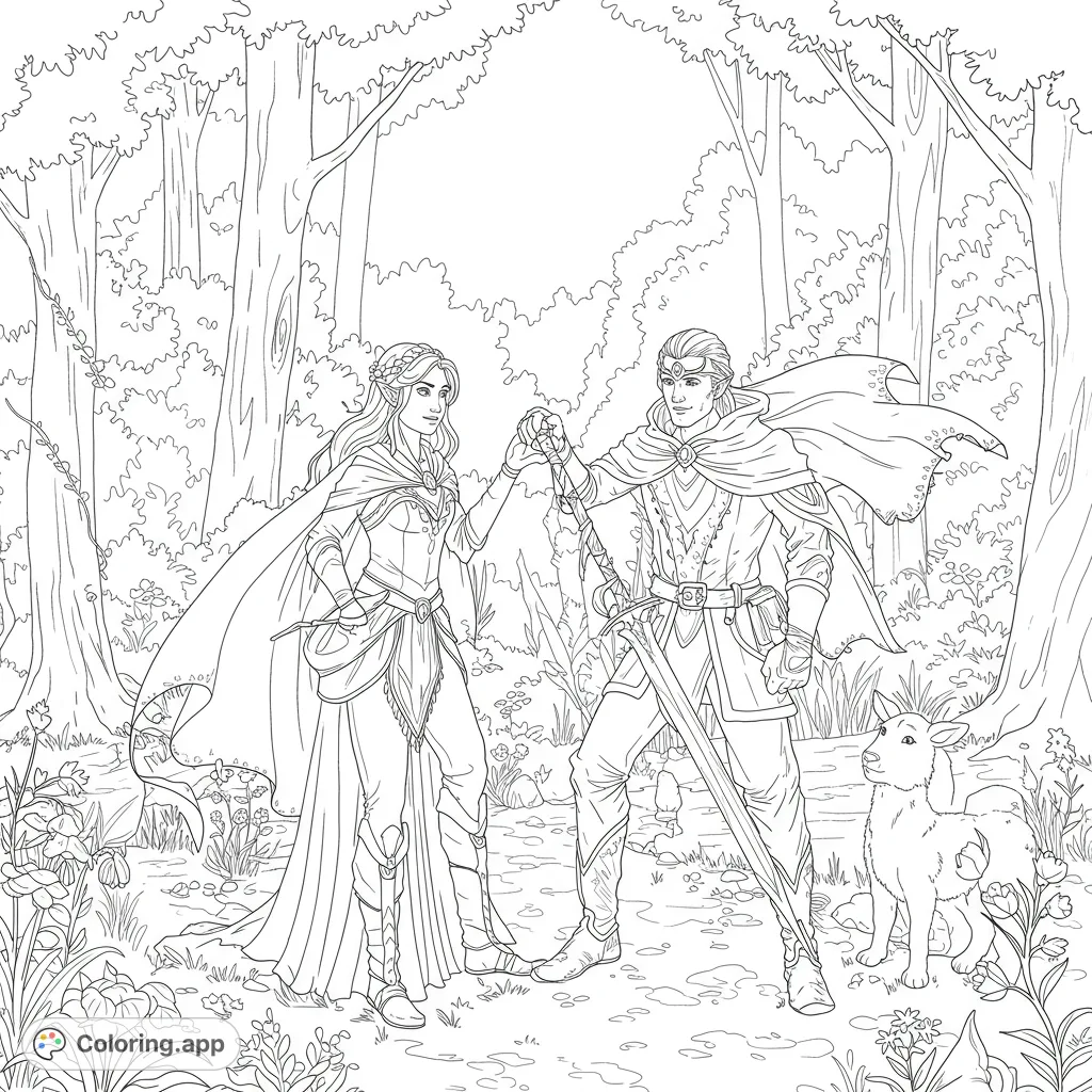 An enchanting elven couple and a fawn in a magical forest. Intricate fantasy details for a captivating coloring experience.